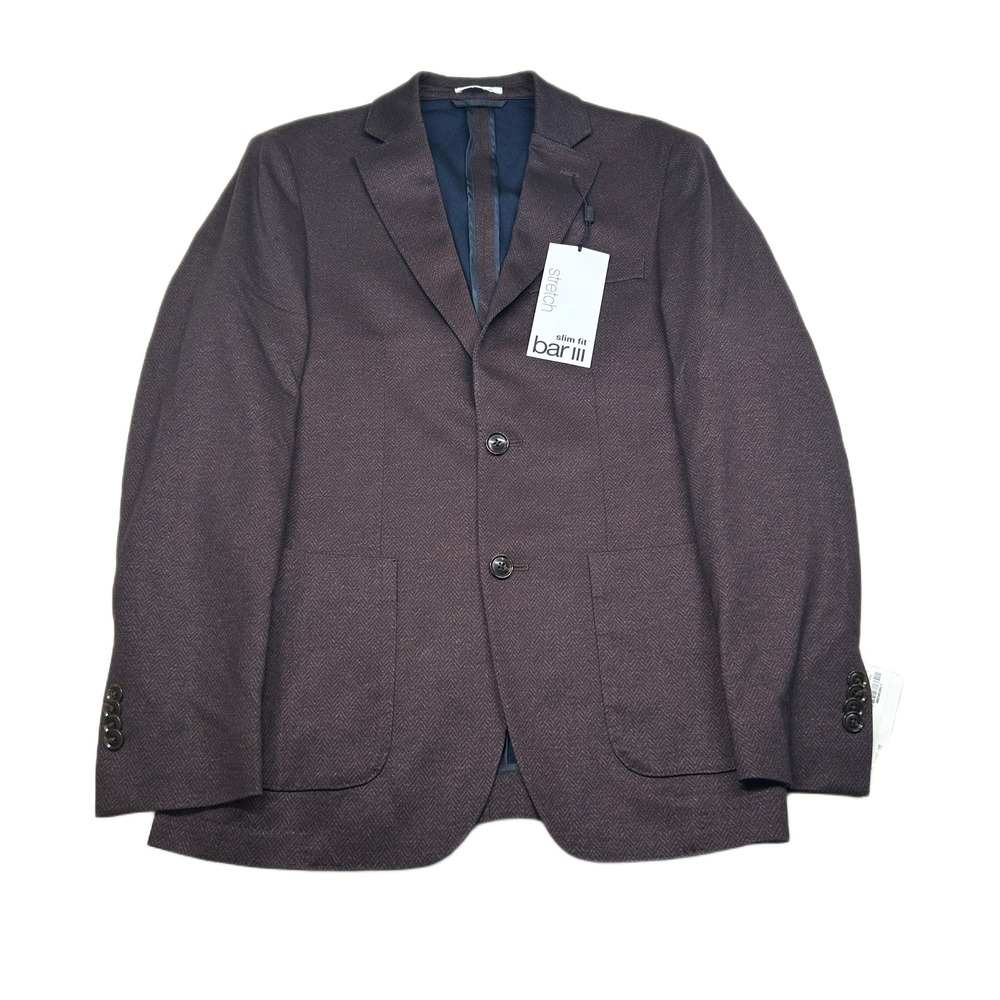 Bar III Slim Fit Sport Coat Mens 36R Burgundy Red Herringbone Stretch $295‎ NEW